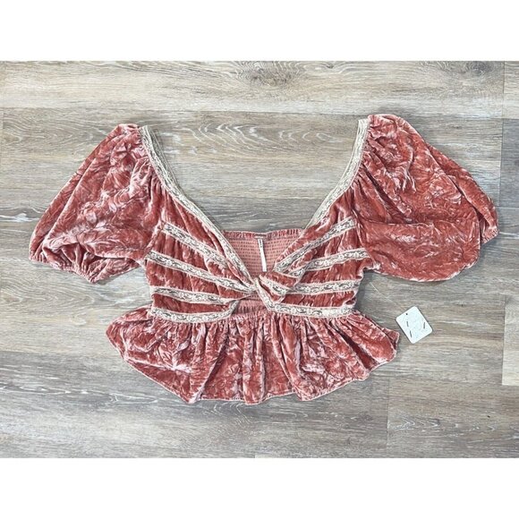 Free People Sz L Mauve Pink Velvet Peplum Ruffle Hem Cropped Smocked Top NWT NEW - Picture 7 of 16